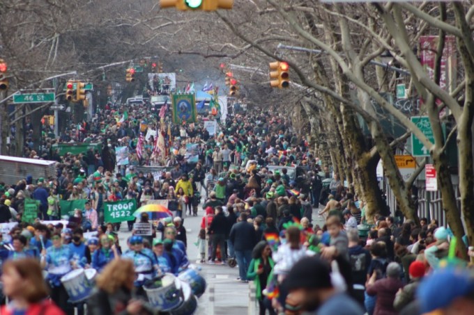 Skillman Avenue was filled with marchers and spectators during the St. Pats For All parade Sunday (Photo by Michael Dorgan, Queens Post)